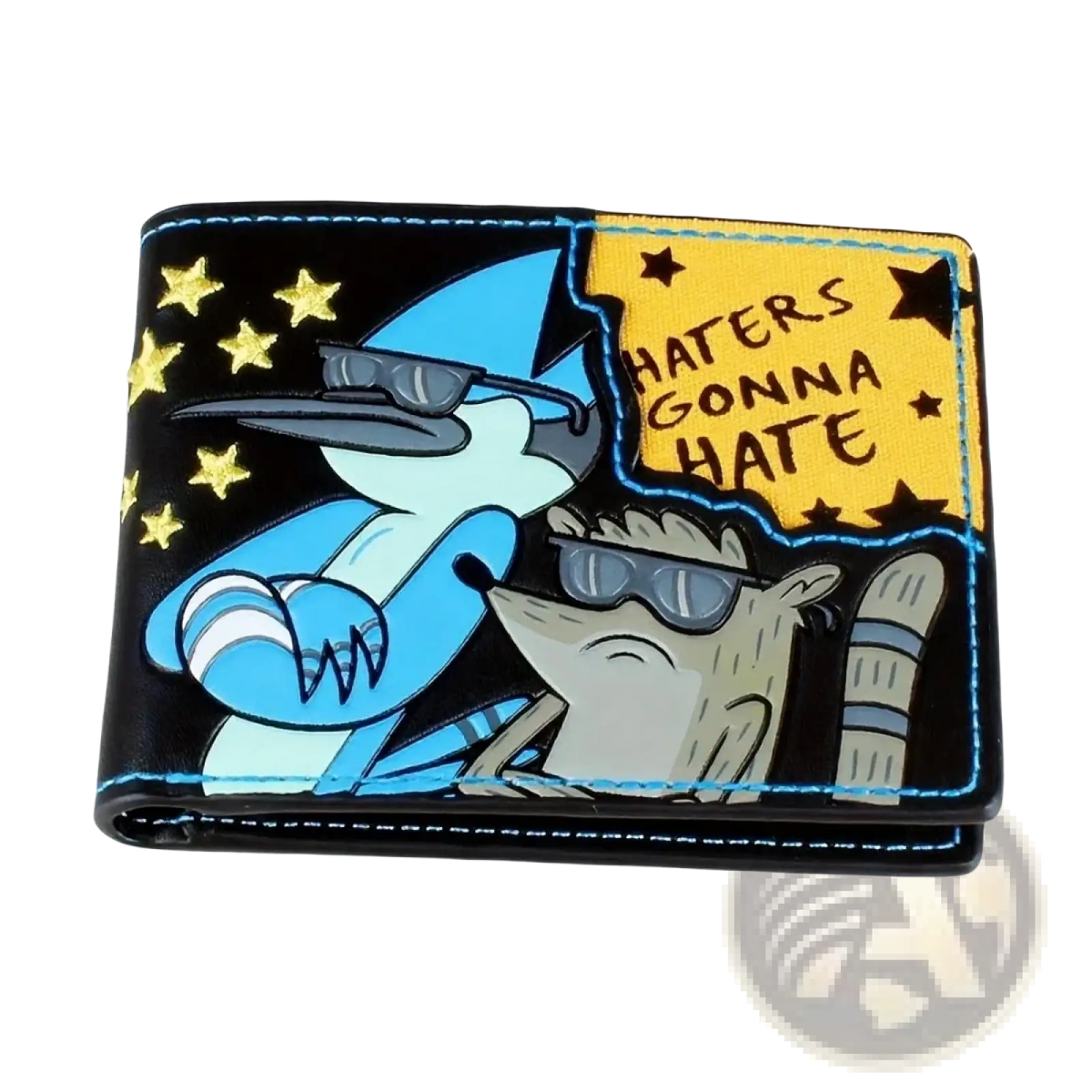 Black leather wallet featuring colorful regular show characters and haters gonna hate yellow patch design