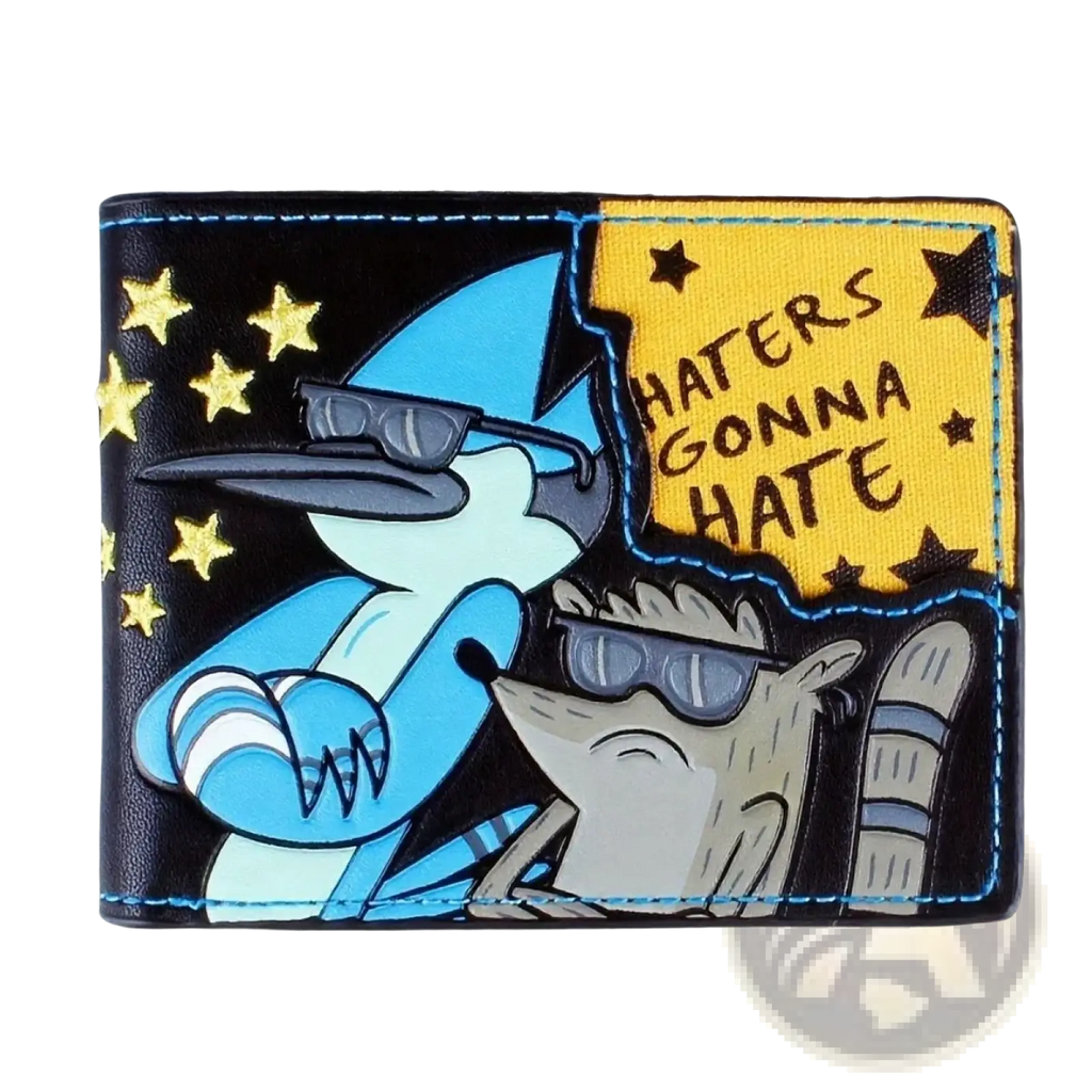 Black leather wallet featuring colorful regular show cartoon characters with sunglasses and a yellow haters gonna hate patch