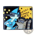 Black leather wallet featuring colorful regular show cartoon characters with sunglasses and a yellow haters gonna hate patch