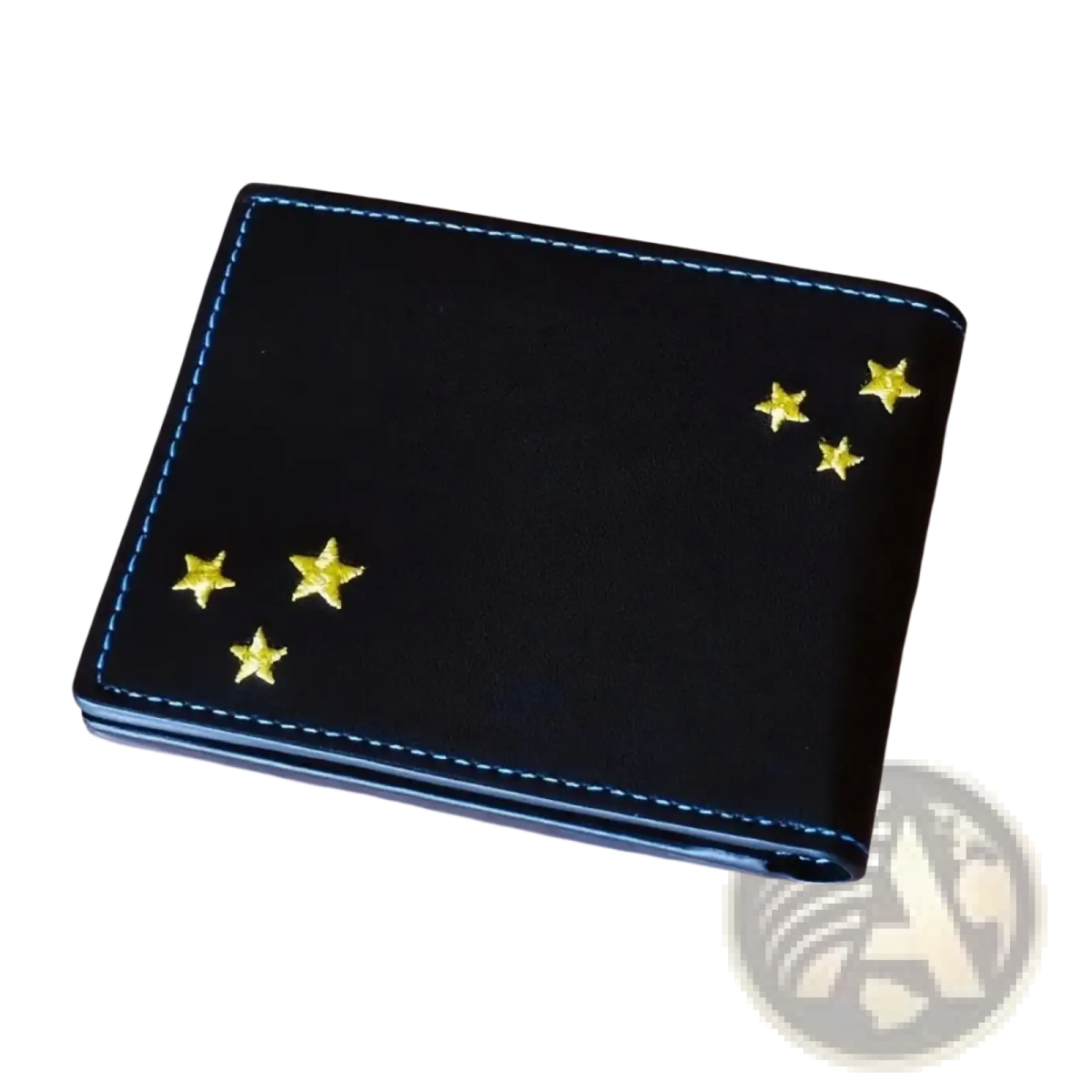 Black leather regular show wallet with gold star embellishments and blue stitching for everyday use