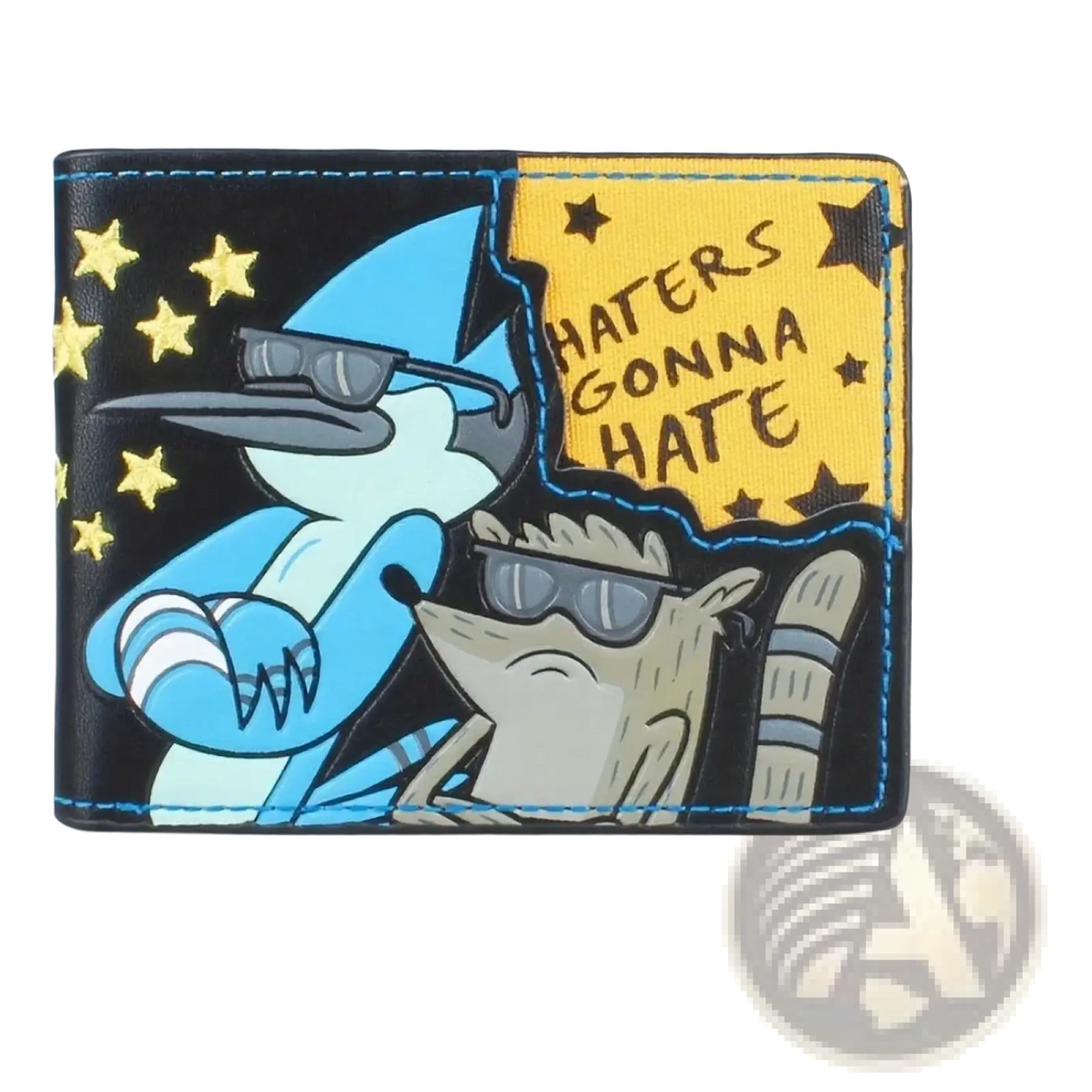 Black leather regular show wallet with blue and yellow cartoon characters and haters gonna hate text panel