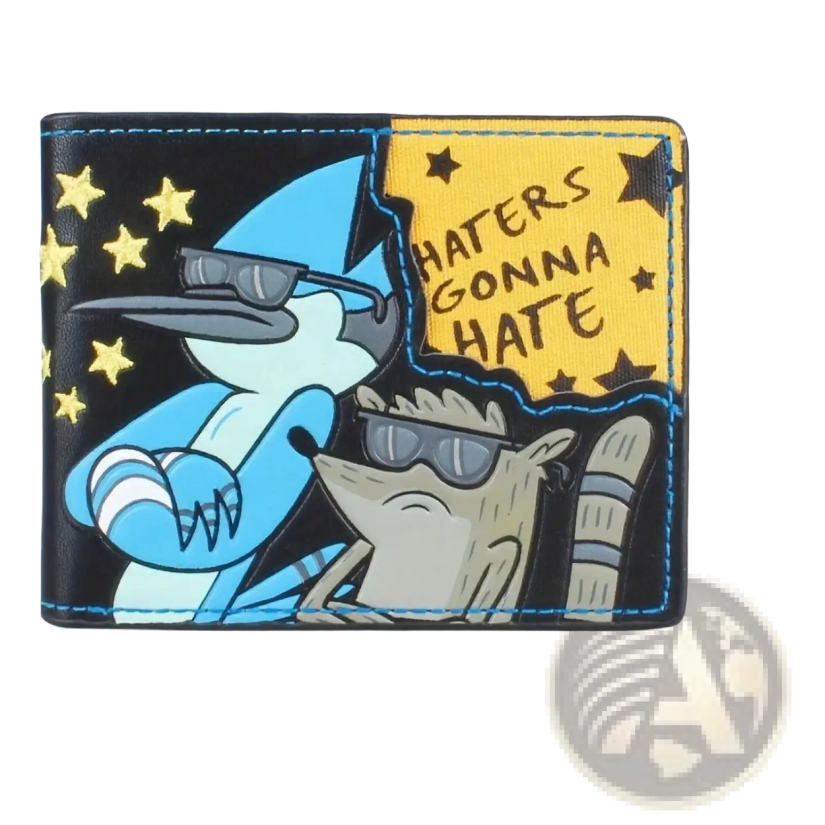 Black leather regular show wallet with blue and yellow cartoon characters and haters gonna hate text panel