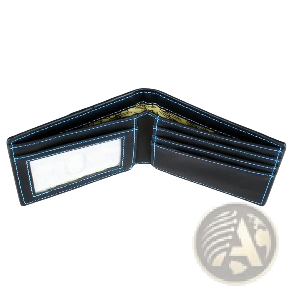 Dark blue leather Regular Show wallet with light blue stitching and clear ID window for secure card display