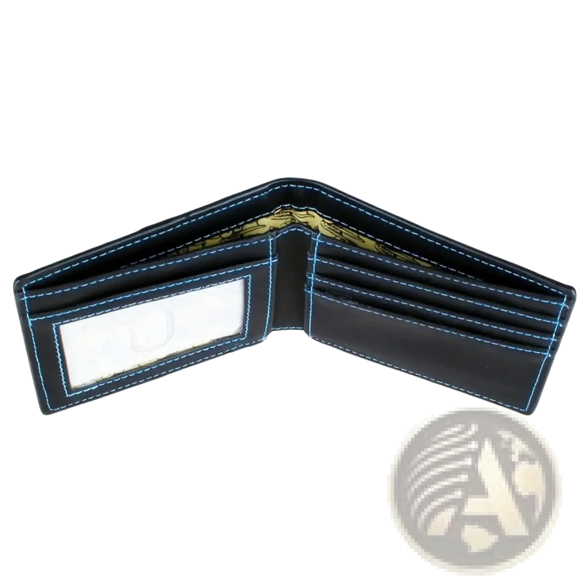 Dark blue leather Regular Show wallet with light blue stitching and clear ID window for secure card display