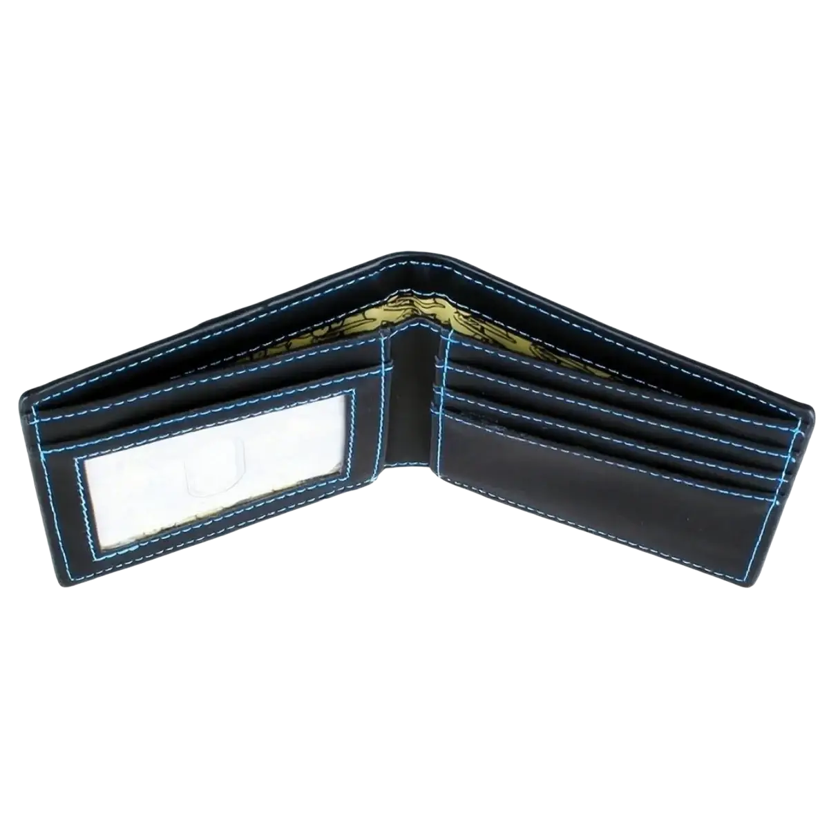 Dark blue leather Regular Show wallet with light blue stitching and clear ID window for secure card display