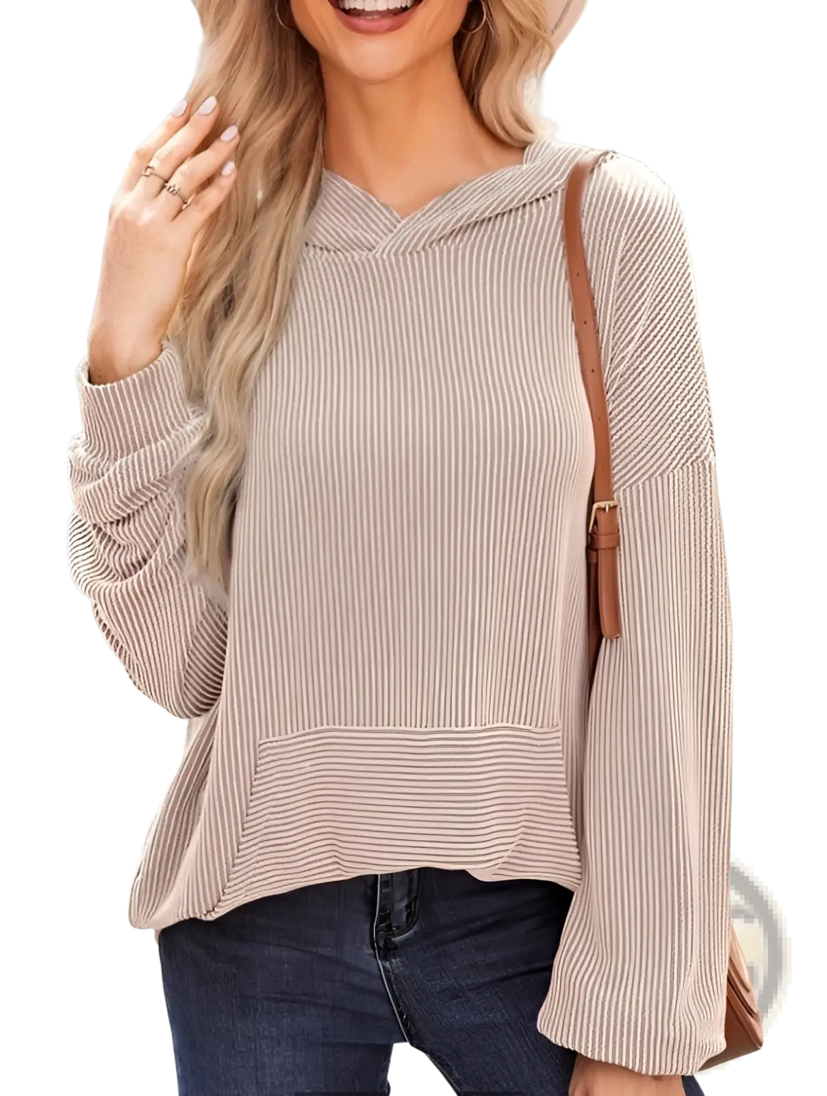 Beige ribbed knit hoodie with relaxed fit and bell sleeves designed for comfortable casual wear
