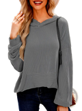 Gray ribbed knit hoodie with a relaxed fit v-neck and bell sleeves for casual comfortable wear