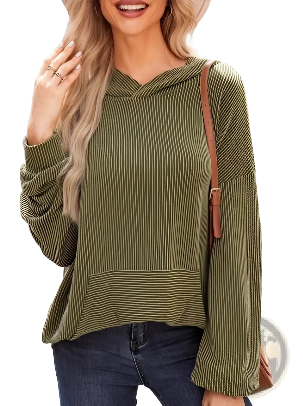 Olive green relaxed fit ribbed knit hoodie with bell sleeves designed for casual comfort and style