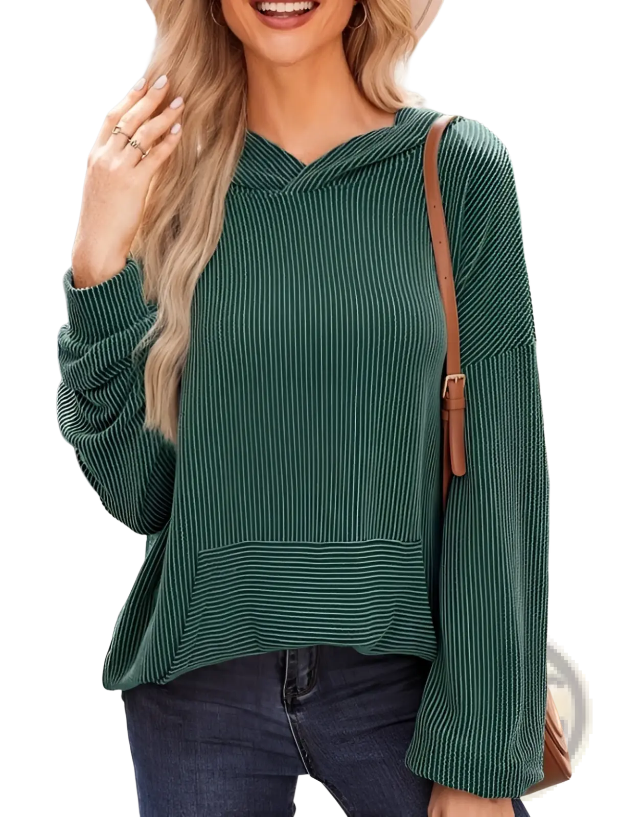 A cozy dark green ribbed knit hoodie with relaxed fit and bell sleeves perfect for casual wear