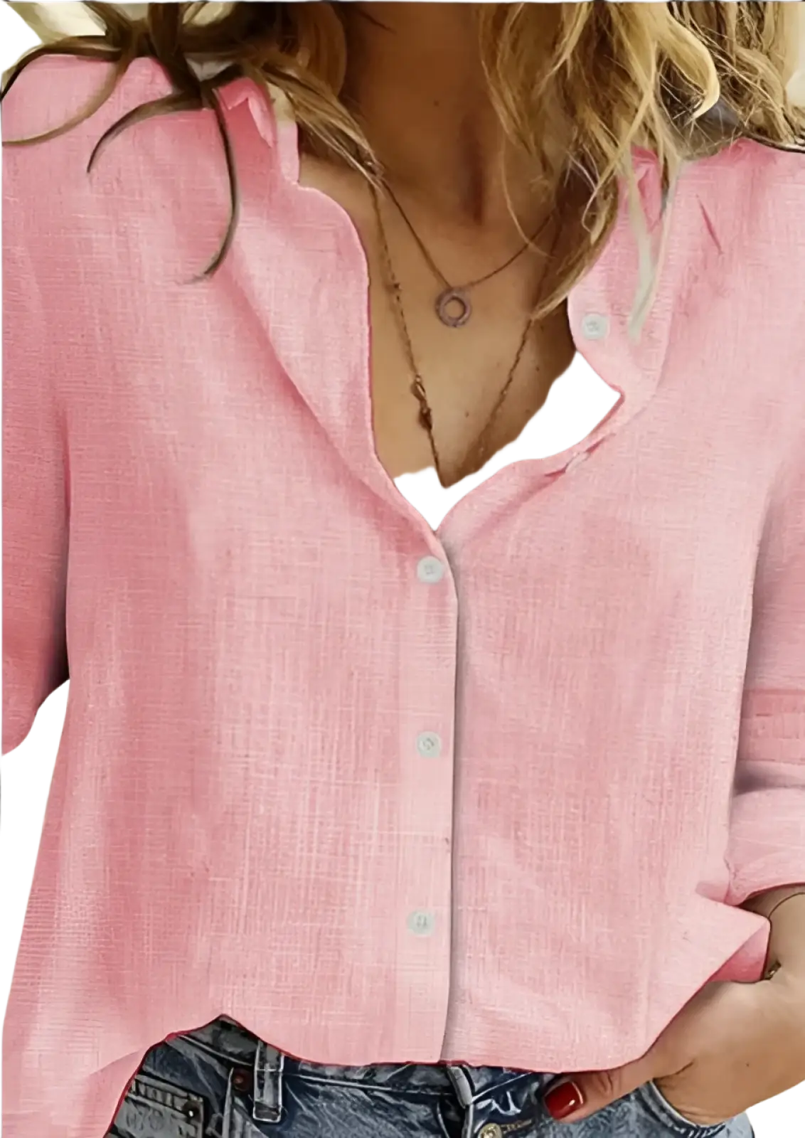 A soft pink relaxed fit textured linen long sleeve button up shirt with subtle vertical stitching