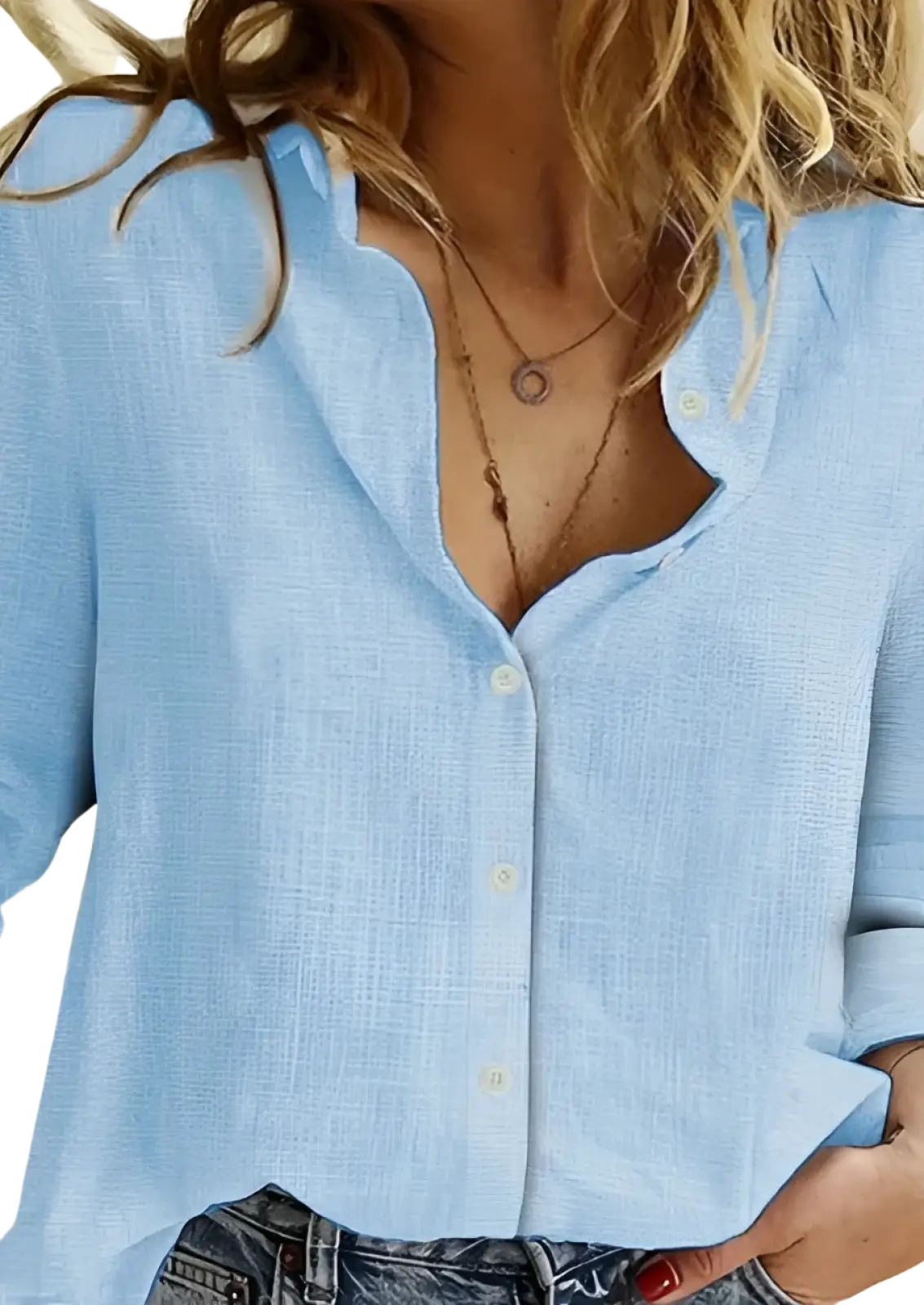 Light blue relaxed fit linen long sleeve button up shirt with textured fabric and rolled sleeves