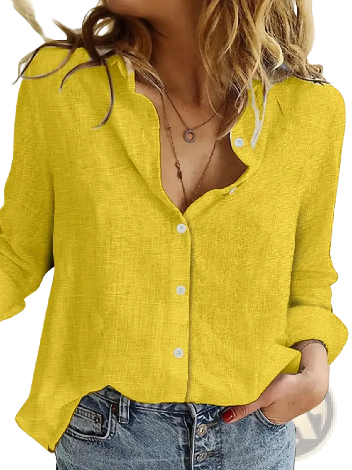 Bright yellow relaxed fit linen long sleeve button up shirt with subtle texture and comfortable design