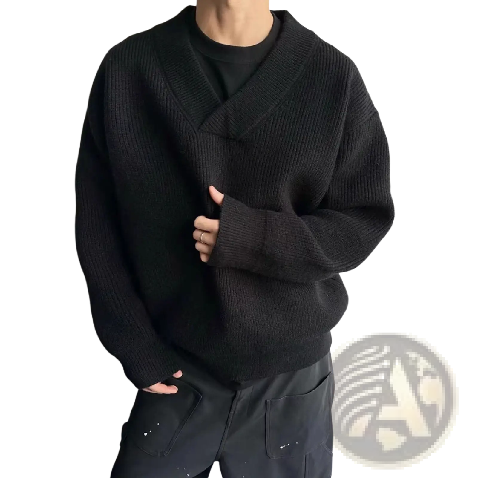 Black ribbed knit relaxed v-neck pullover sweater made of soft material for casual and comfortable wear