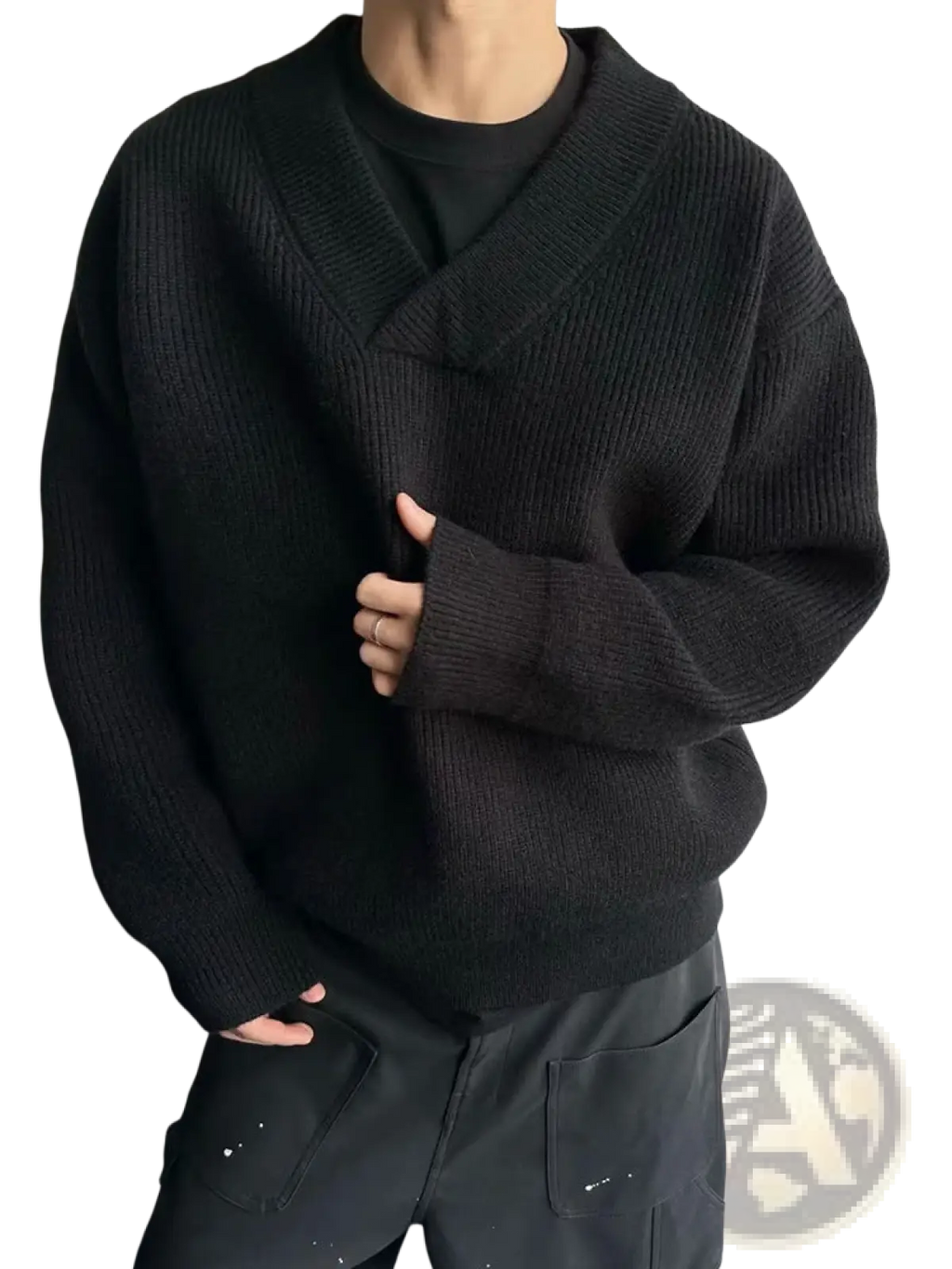 Black ribbed knit v-neck sweater with a relaxed oversized fit perfect for casual comfort and style