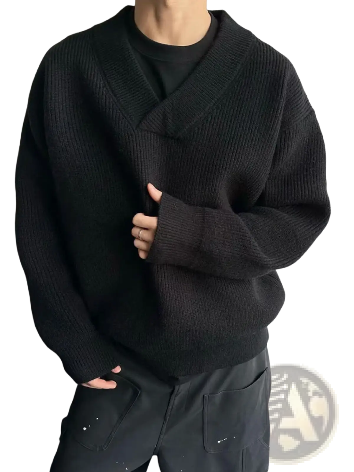 Black ribbed knit v-neck sweater with a relaxed oversized fit perfect for casual comfort and style