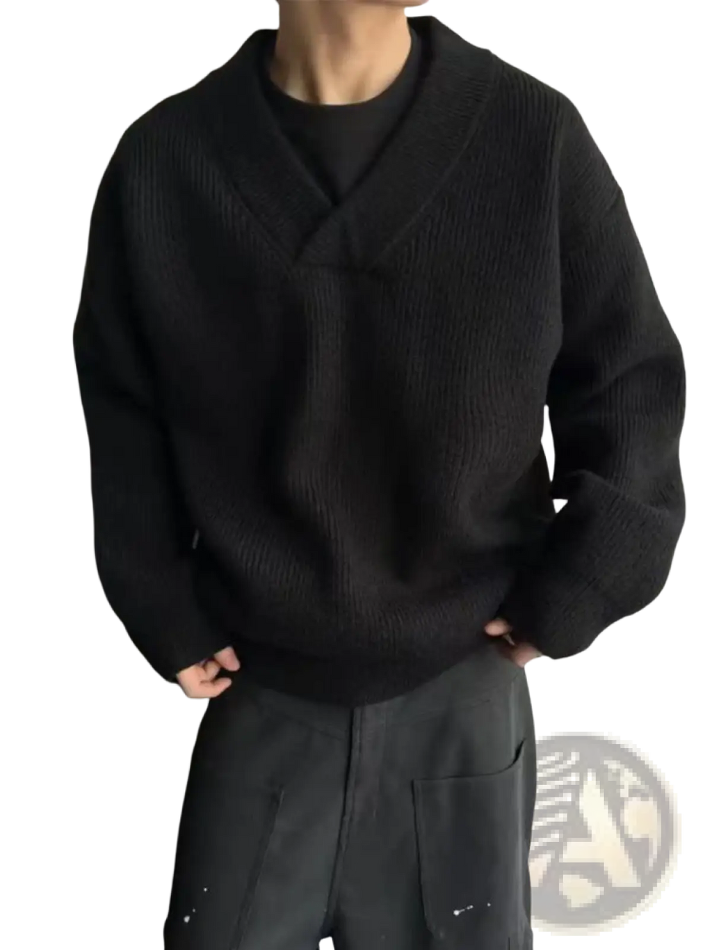 Black ribbed knit v-neck pullover sweater with a relaxed fit perfect for casual and comfortable wear