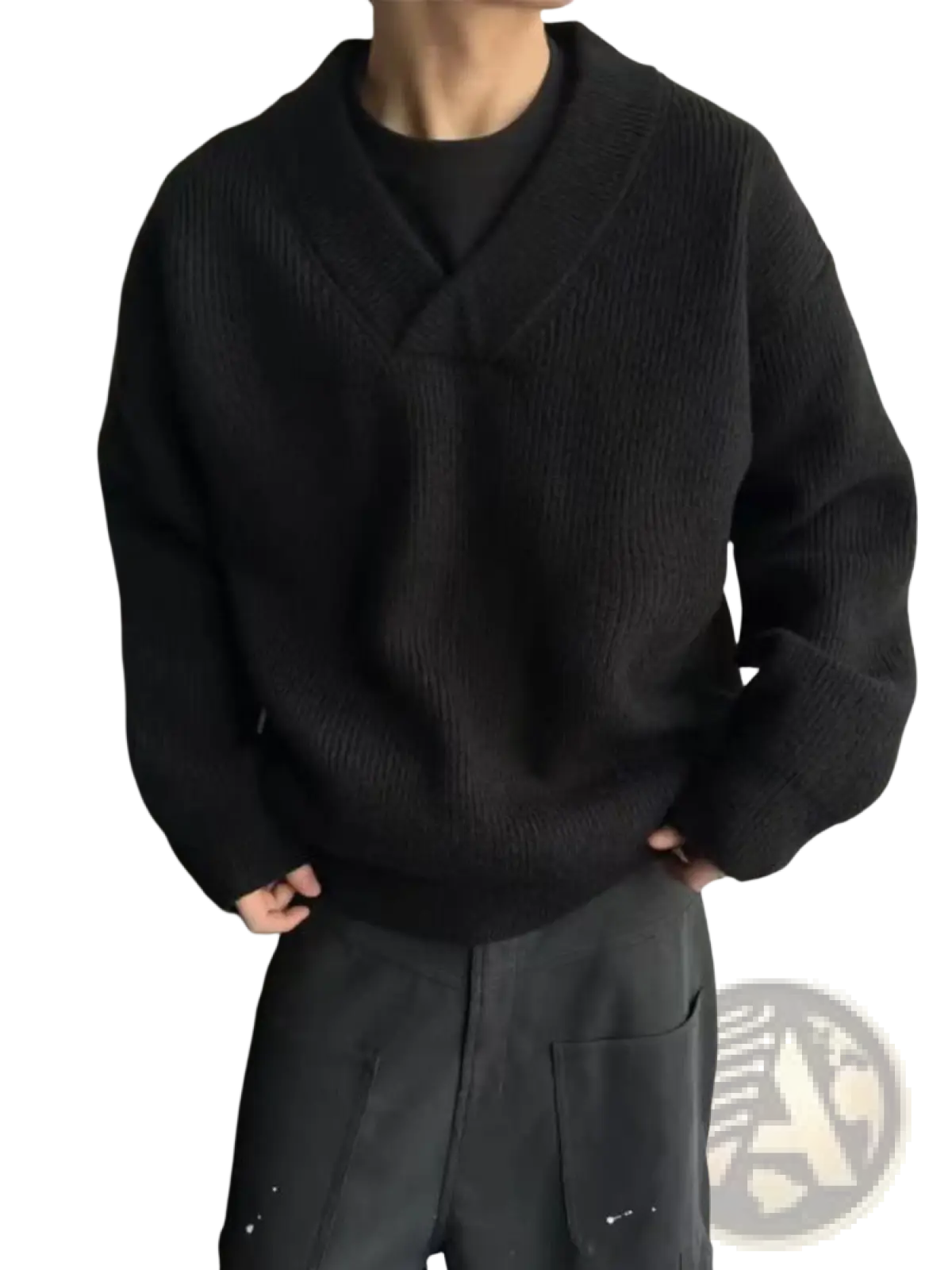 Black ribbed knit v-neck pullover sweater with a relaxed fit perfect for casual and comfortable wear