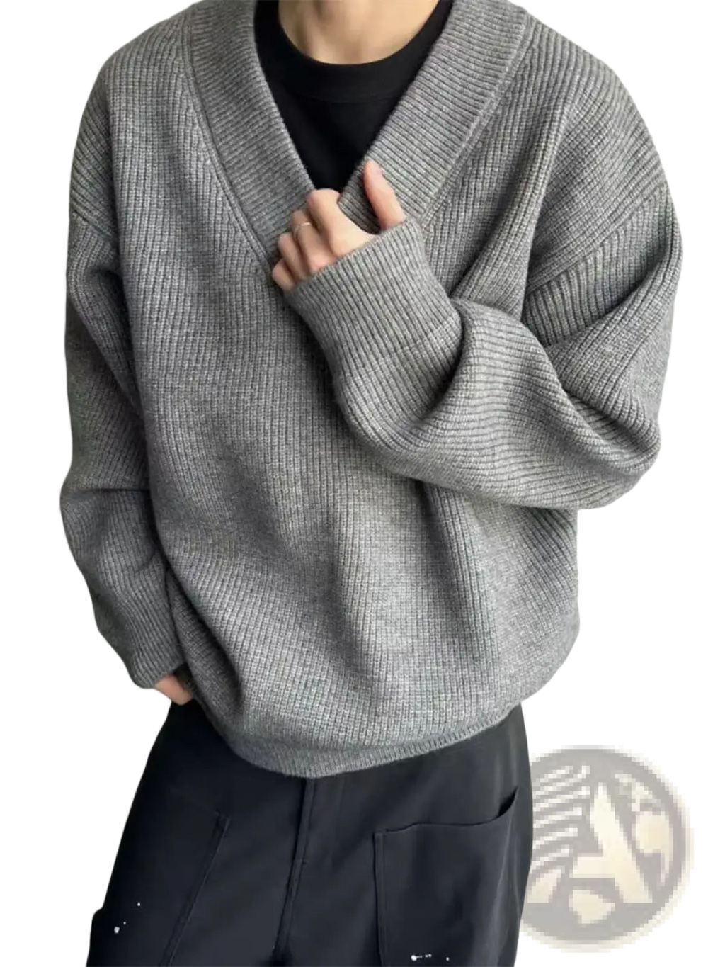 Gray ribbed knit v-neck pullover sweater with a relaxed oversized fit made of soft knit material