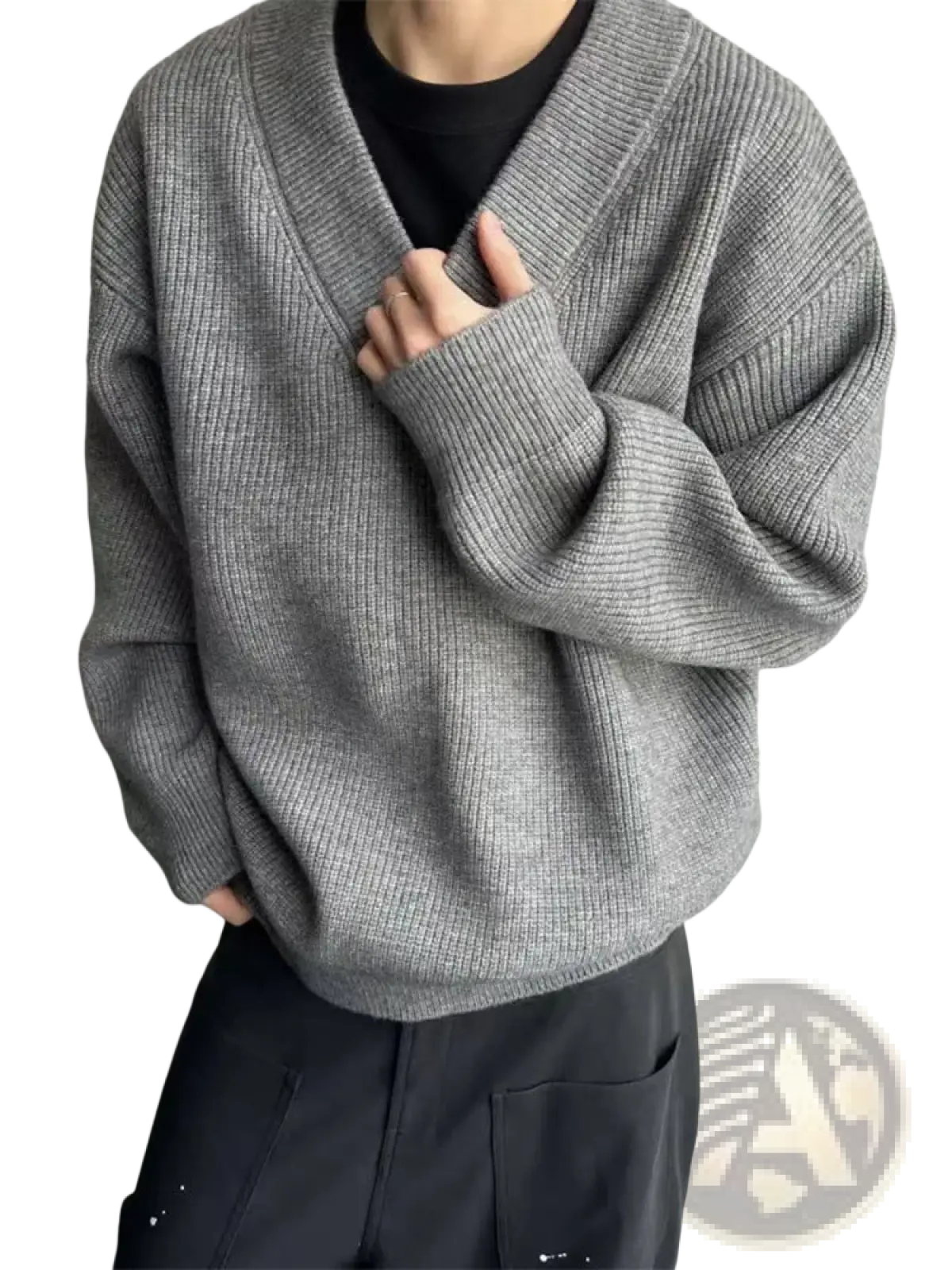 Gray ribbed knit v-neck pullover sweater with a relaxed oversized fit made of soft knit material
