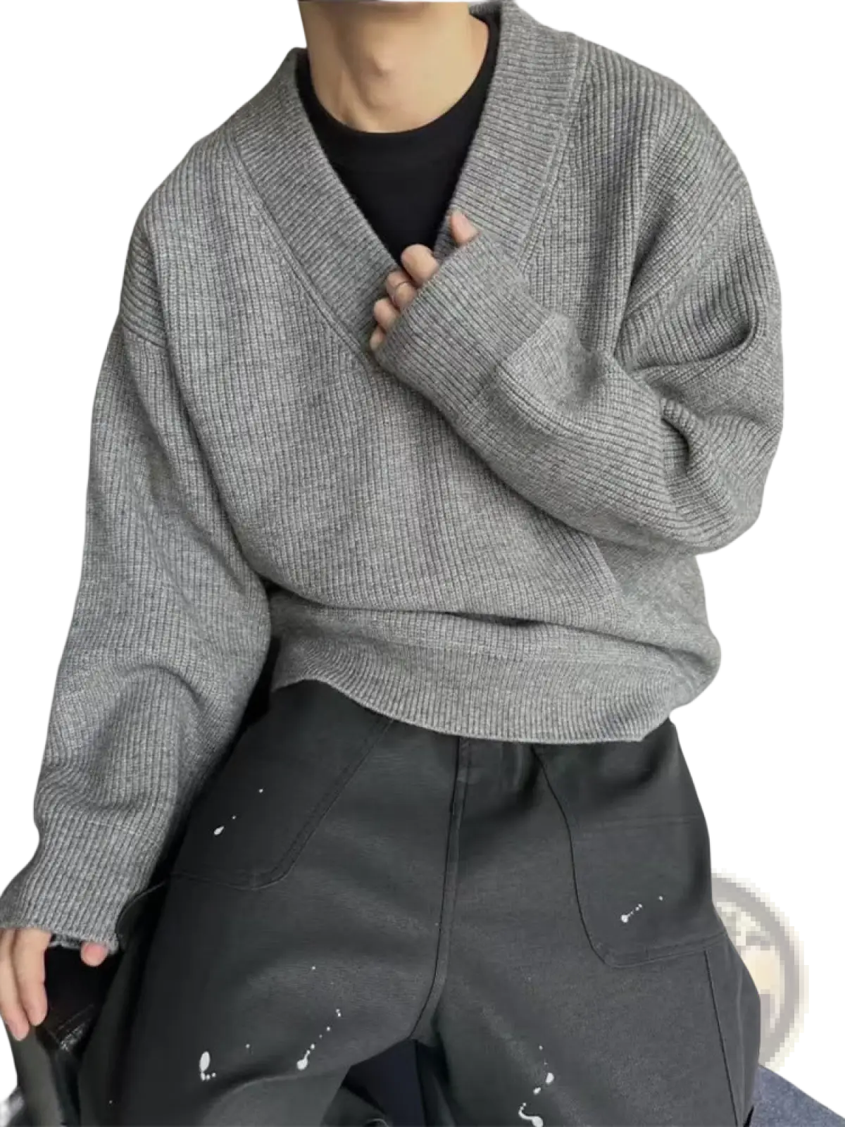 Gray ribbed knit v-neck sweater with relaxed fit perfect for casual wear in a comfortable pullover style