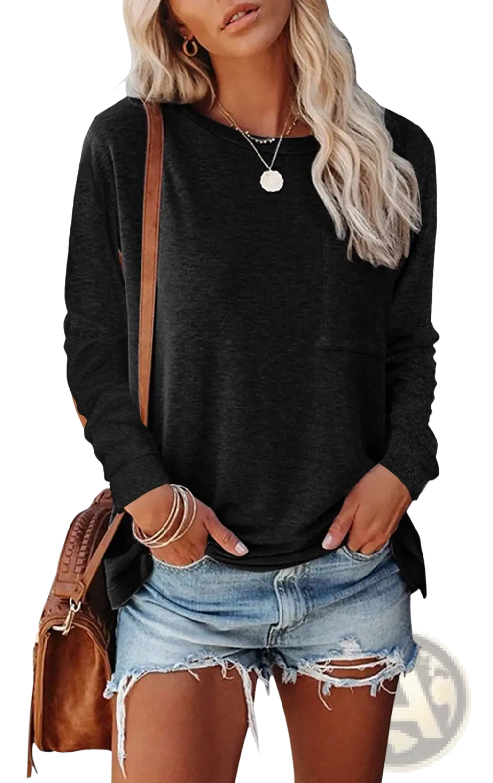 Black relaxed pocket knit long sleeve t shirt with subtle side slits in a comfortable knit fabric