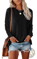 Black relaxed pocket knit long sleeve t shirt with subtle side slits in a comfortable knit fabric