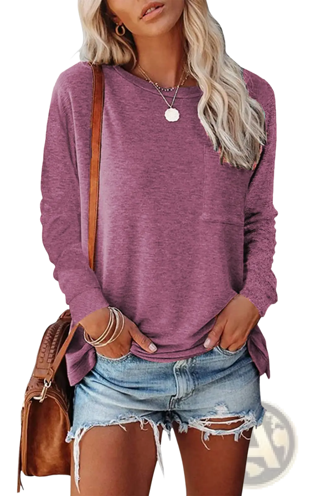 Purple heather relaxed pocket knit long sleeve t shirt with side slits and a relaxed fit in soft fabric