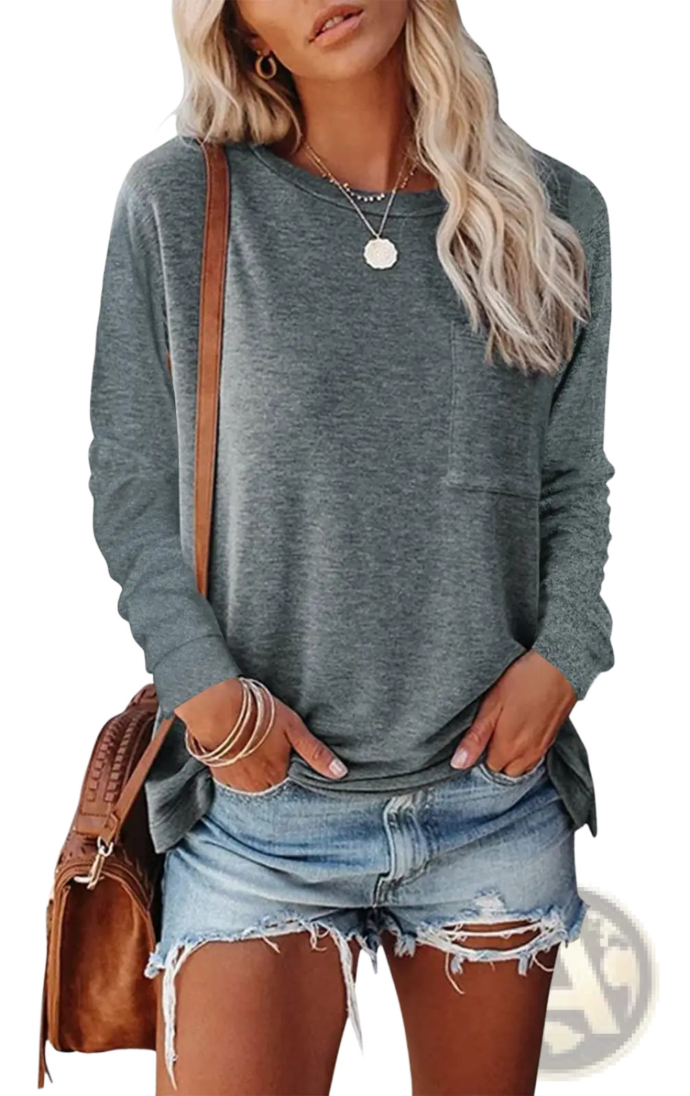 A relaxed fit heather gray knit long sleeve t shirt with a soft texture and a single chest pocket