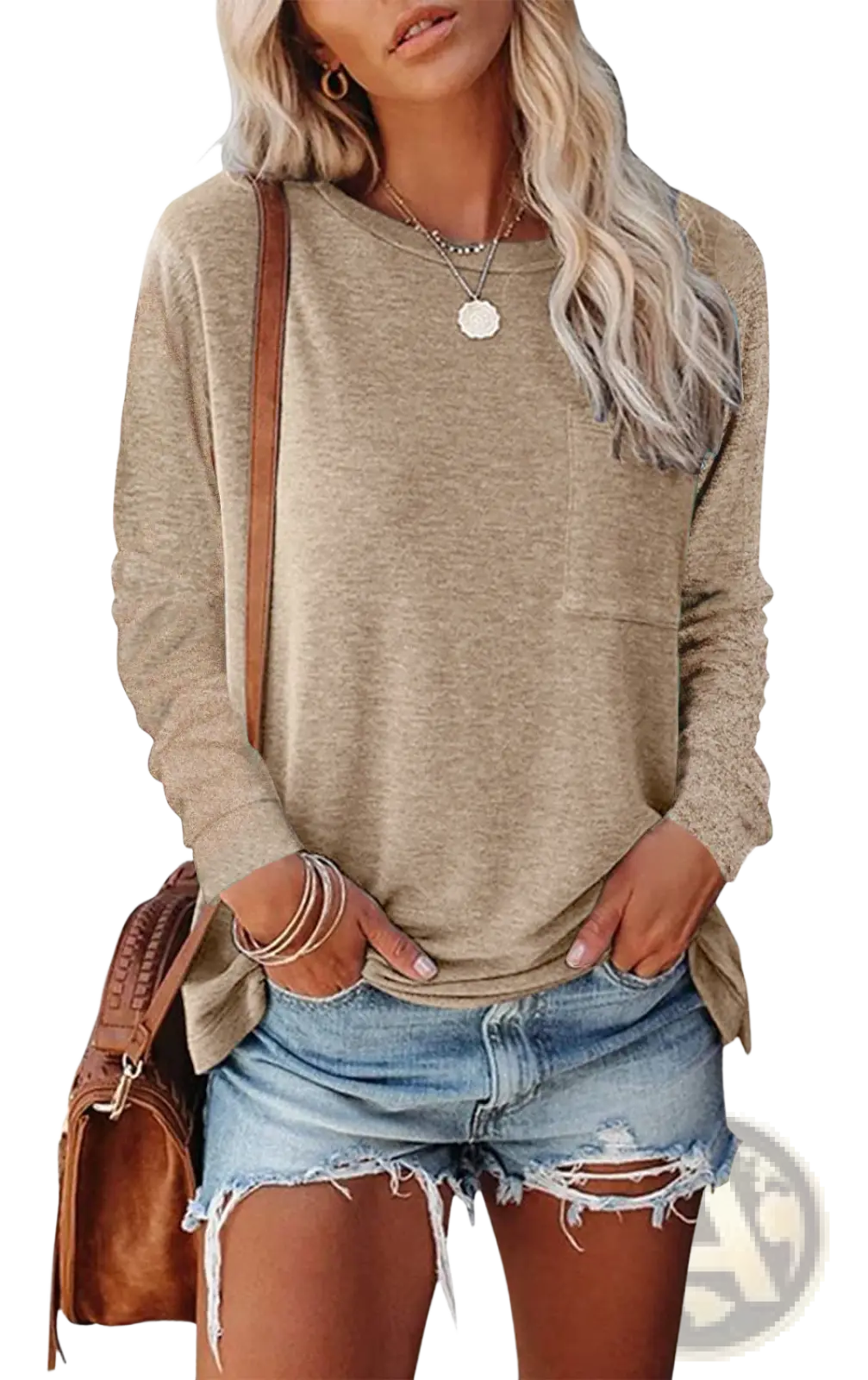 Beige long-sleeved knit t-shirt with relaxed fit and front pocket perfect for casual wear