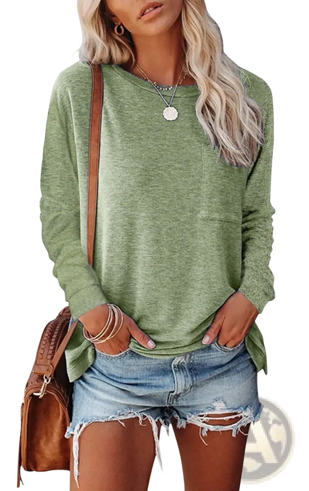 Relaxed pocket knit long sleeve t-shirt in soft heathered olive green with a relaxed fit and single chest pocket