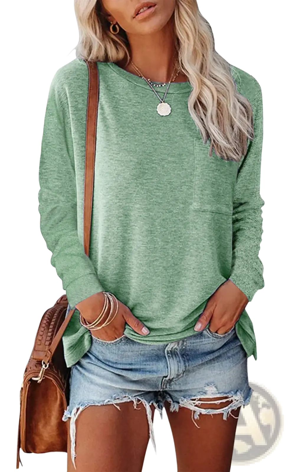 A relaxed fit heathered green knit long sleeve t-shirt with a single chest pocket perfect for casual wear