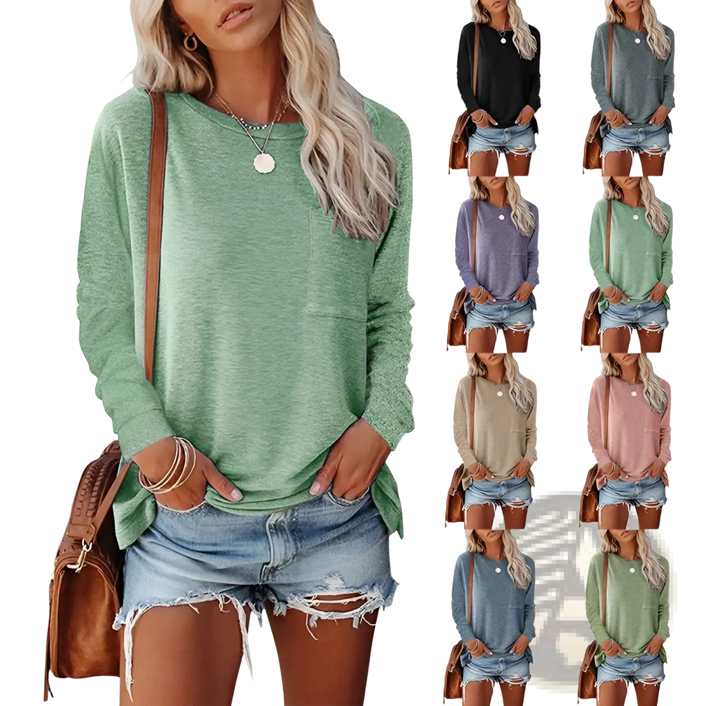 Relaxed pocket knit long sleeve t-shirt in green heathered fabric with a round neckline and front pocket