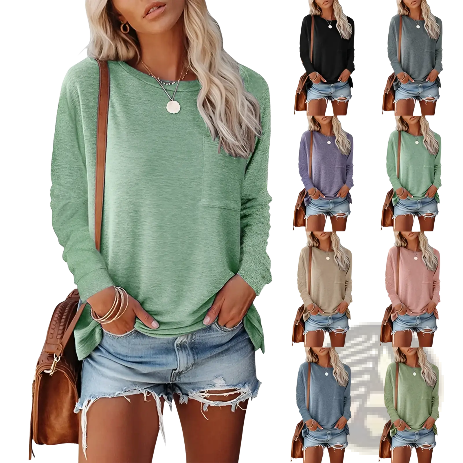 Relaxed pocket knit long sleeve t-shirt in green heathered fabric with a round neckline and front pocket
