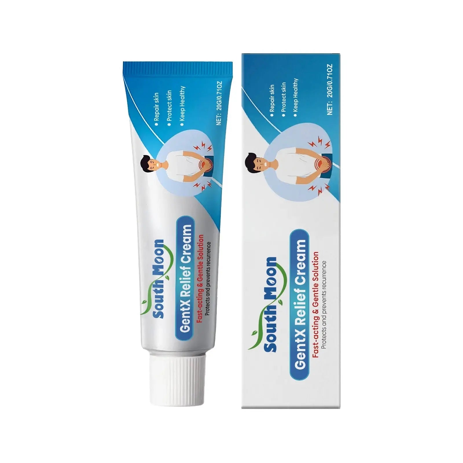 South moon gentx relief cream in white and blue tube with box showing a person applying the neck soothing formula
