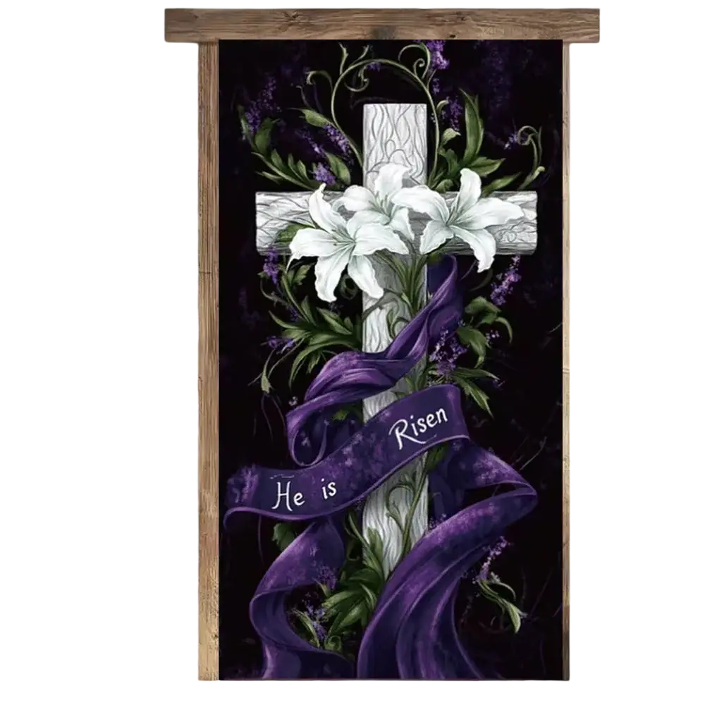 Religious Easter Jesus door cover featuring a white cross with white lilies and purple ribbons on dark fabric