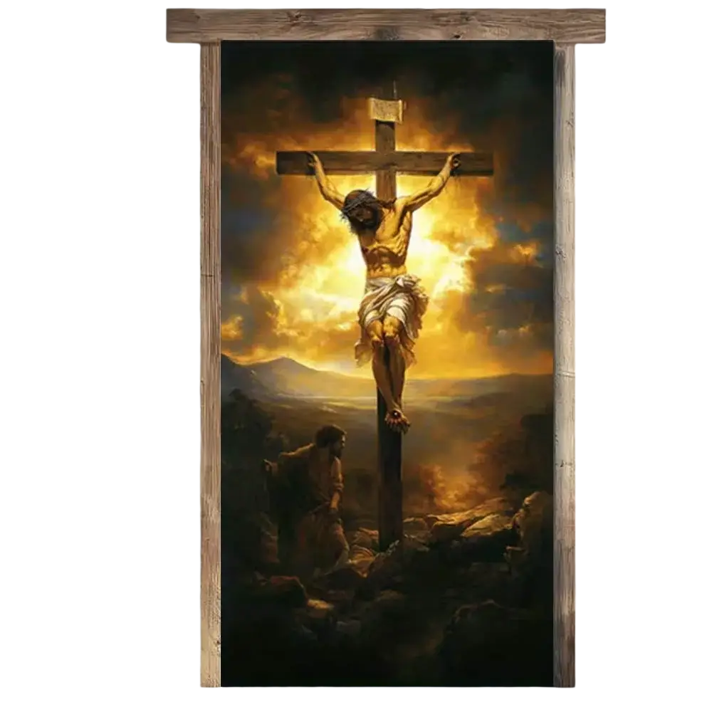 A religious easter jesus door cover banner featuring a dramatic mural of jesus on the cross with golden light framed by rustic wood
