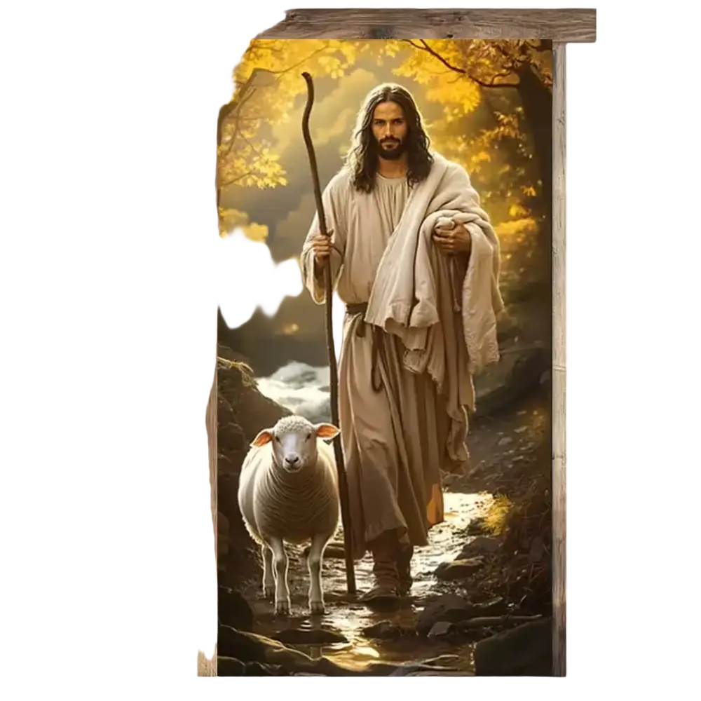 Religious Easter Jesus door cover featuring a beige full-length Jesus with staff beside a white sheep in autumn forest