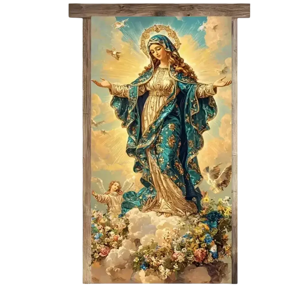 A framed religious tapestry featuring the virgin mary in teal and gold as a jesus door cover backdrop banner