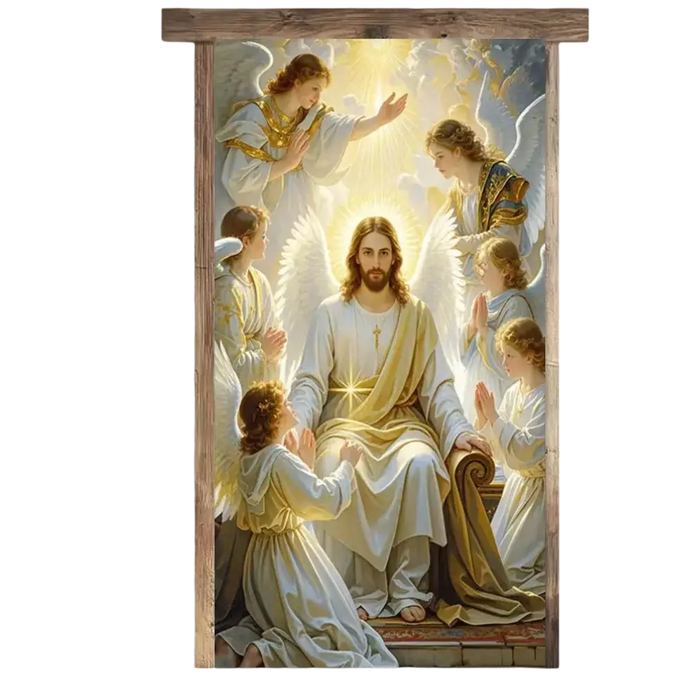 A framed religious Easter Jesus door cover banner featuring jesus with angels in soft white and gold tones