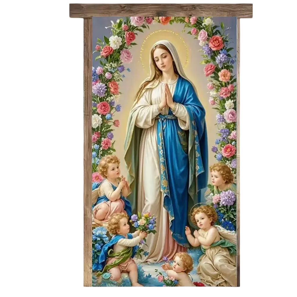 A framed religious artwork of the Virgin Mary in blue and white robe with flowers and cherubic children door cover