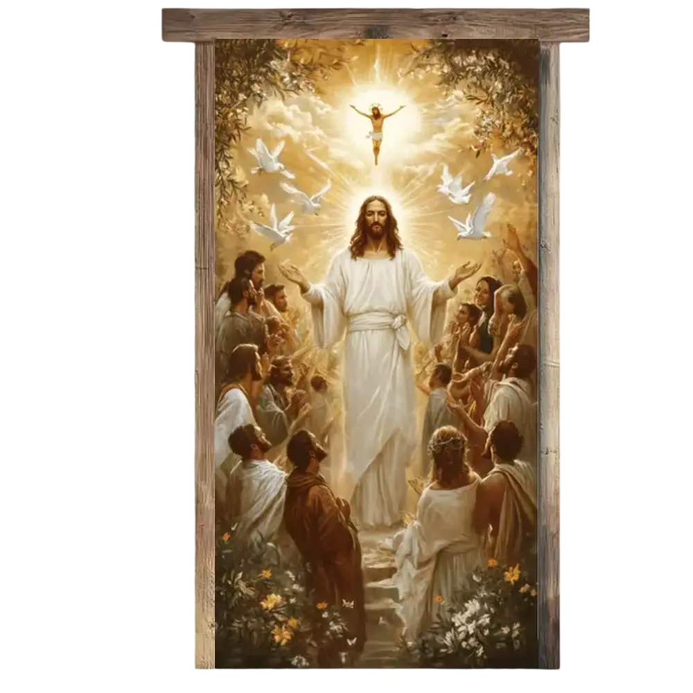 Religious easter jesus door cover banner featuring a golden-hued mural of jesus with disciples and rustic wood frame