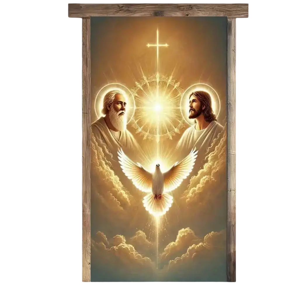 Religious easter jesus door cover banner featuring golden mural with two bearded figures and radiant dove