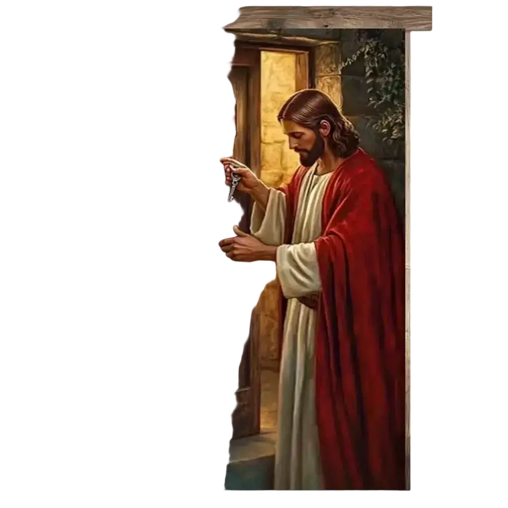 Religious easter jesus door cover banner featuring jesus in white robe with red garment holding silver rosary