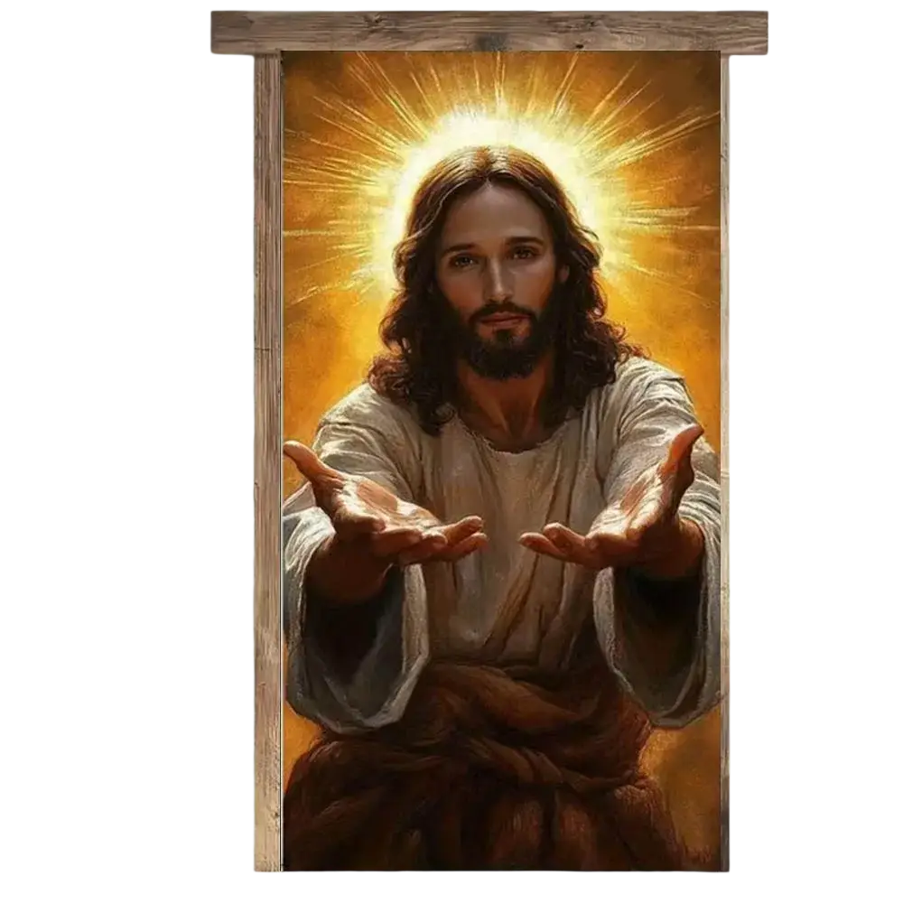 A radiant golden religious easter jesus door cover banner featuring jesus with outstretched hands in a rustic wooden frame