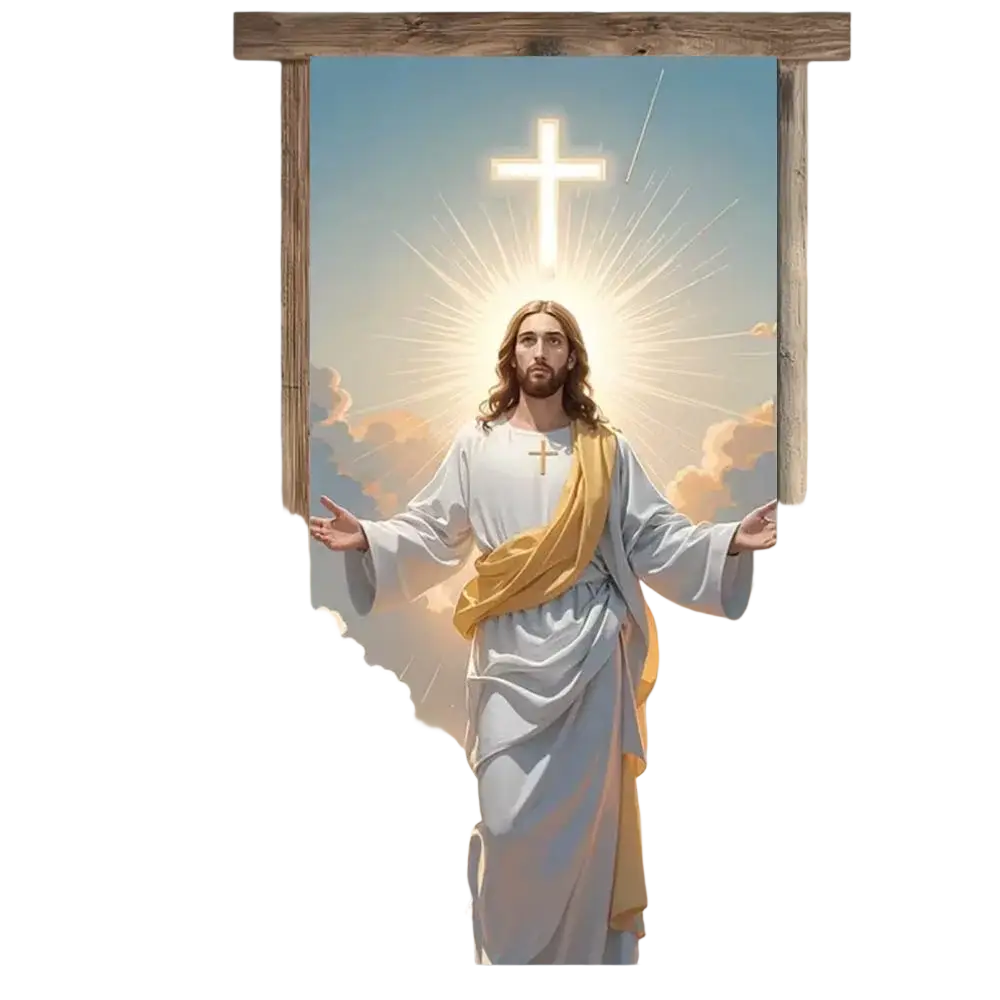 A radiant full-length jesus christ door decal with a glowing golden cross and white robes with yellow sash for easter decor