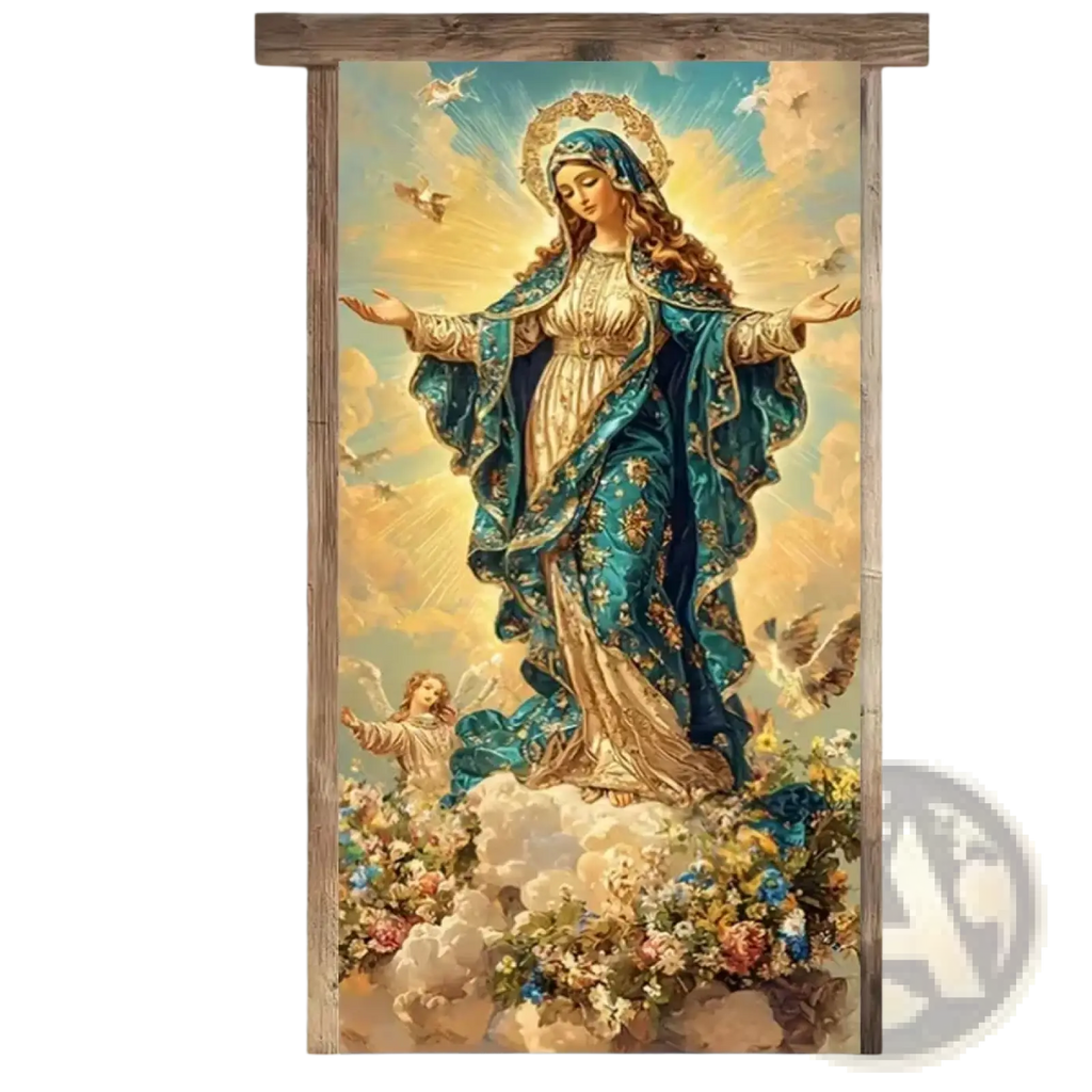 A vibrant teal and gold embroidered virgin mary religious easter jesus door cover with rustic wood frame