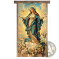 A vibrant teal and gold embroidered virgin mary religious easter jesus door cover with rustic wood frame