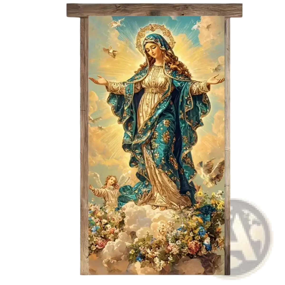 A vibrant teal and gold embroidered virgin mary religious easter jesus door cover with rustic wood frame