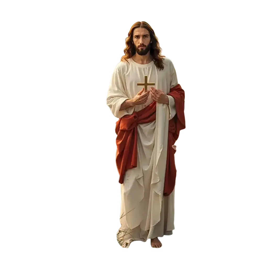 A religious Easter Jesus door cover banner featuring a serene full-length portrait in white robe with red sash