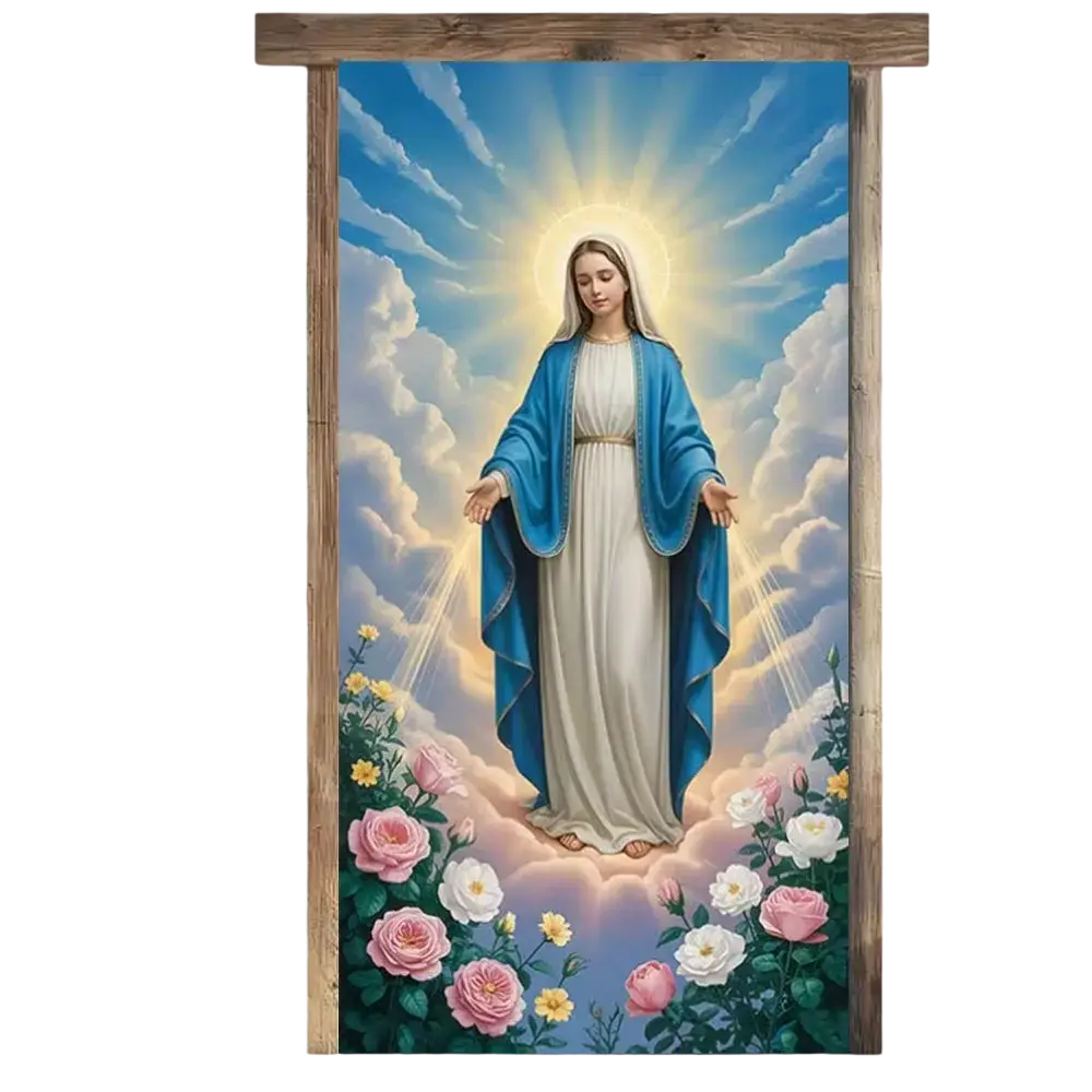 A serene blue and white marian portrait door hanging framed in rustic wood religious easter jesus door cover banner